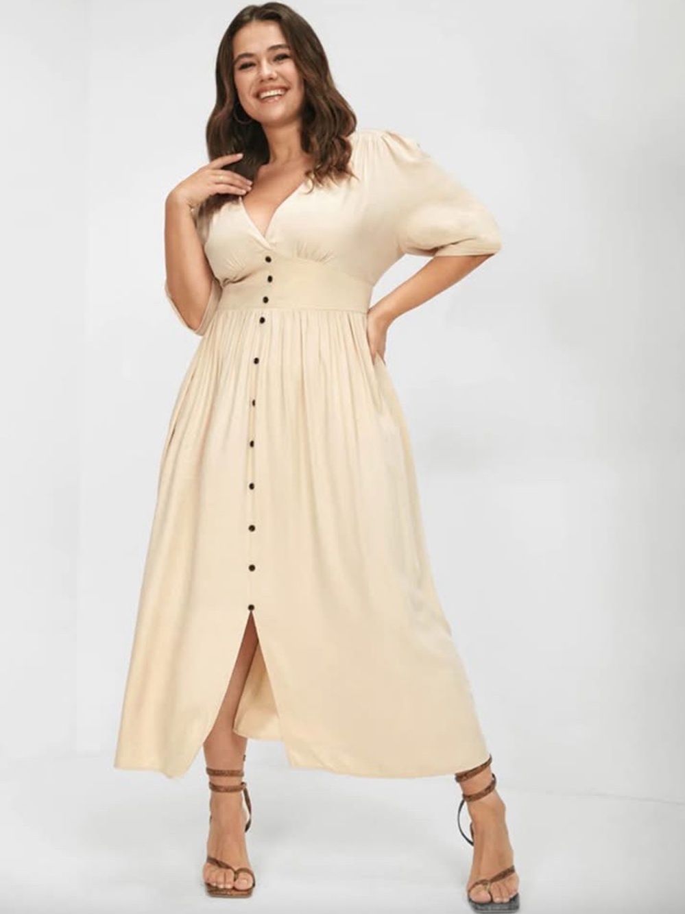 BloomChic Cream Button-Front Puff-Sleeve Maxi Dress